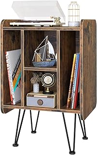 Arbuxzuy Record Player Stand,Large Vinyl Record Storage,Holds Albums，Brown Vinyl Holder Storage Shelf, Side End Table,Turntable Stand with Metal Legs for Bedroom, Living Room