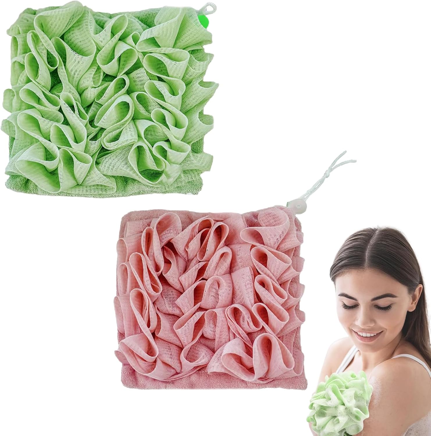 2pcs Loofah Cloth for Bar Soap,2-in-1 Shower Washcloth Loofah Washcloth Pink and Green, Bar Soap Pouch for Cleansing and Smooth Skin