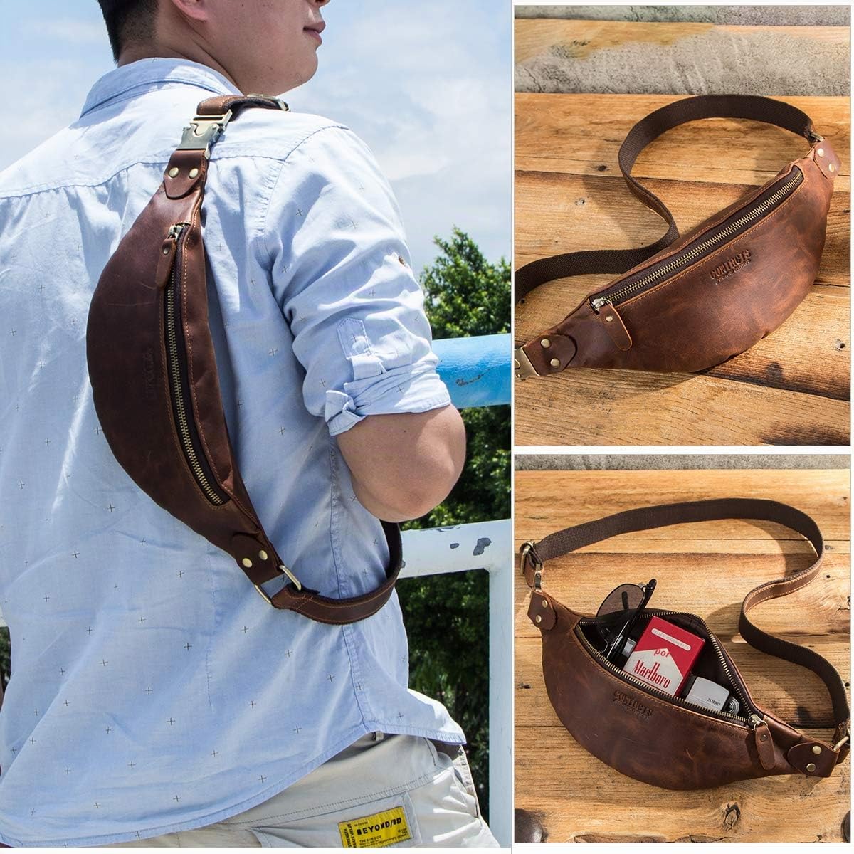 Contacts Bolso Bandolera de Piel auténtica para Hombre, Bolso Bandolera pequeño para Hombre de Cuero Bolsa de cinturón Senderismo Fuera del Pecho de Viaje Bolsa para teléfono