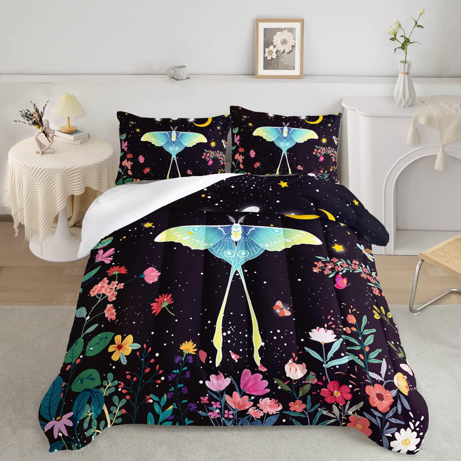 CVHOUSE Sun and Moon Comforter Set Queen Size, Death Moth with Flowers Pattern Bedding Set for Girls Adult Women Teen,3 Pieces,1 Quilt and 2 Pillowcases,Soft,Breathable