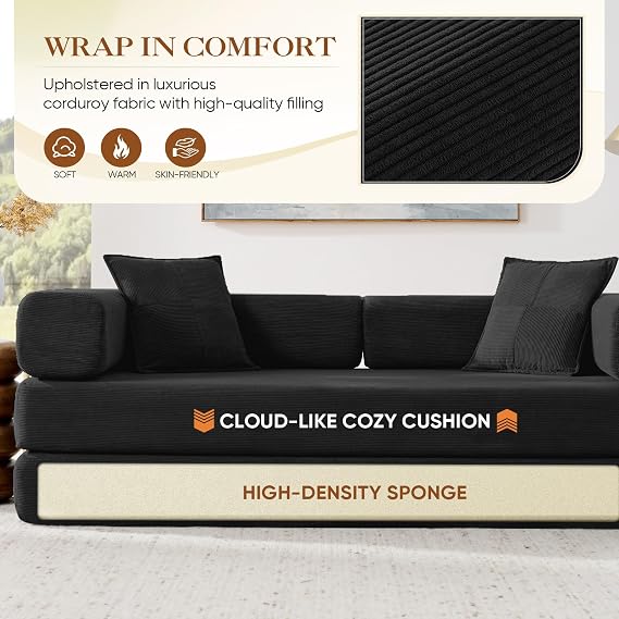 Antetek 78 Convertible Futon Sofa Bed, 3-Seater Modern Corduroy Foam Floor King Size Bed Foldable Sleeper Lounge Loveseat Sofa Couch with 2 Throw Pillows for Living Room Bedroom Guest Room, Black