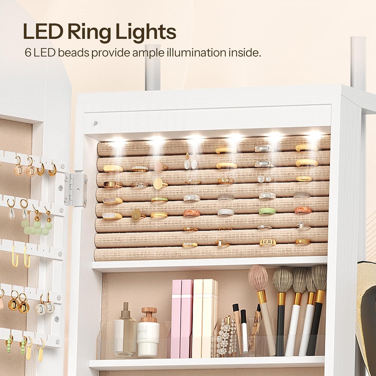 HOOBRO 360° Swivel Jewelry Cabinet with LED Lights, Standing Jewelry Organizer with Storage Shelf, Arched Full-Length Mirrored Jewelry Aromires, Lockable Jewelry Cabinet, Makeup Brush Boxes, White