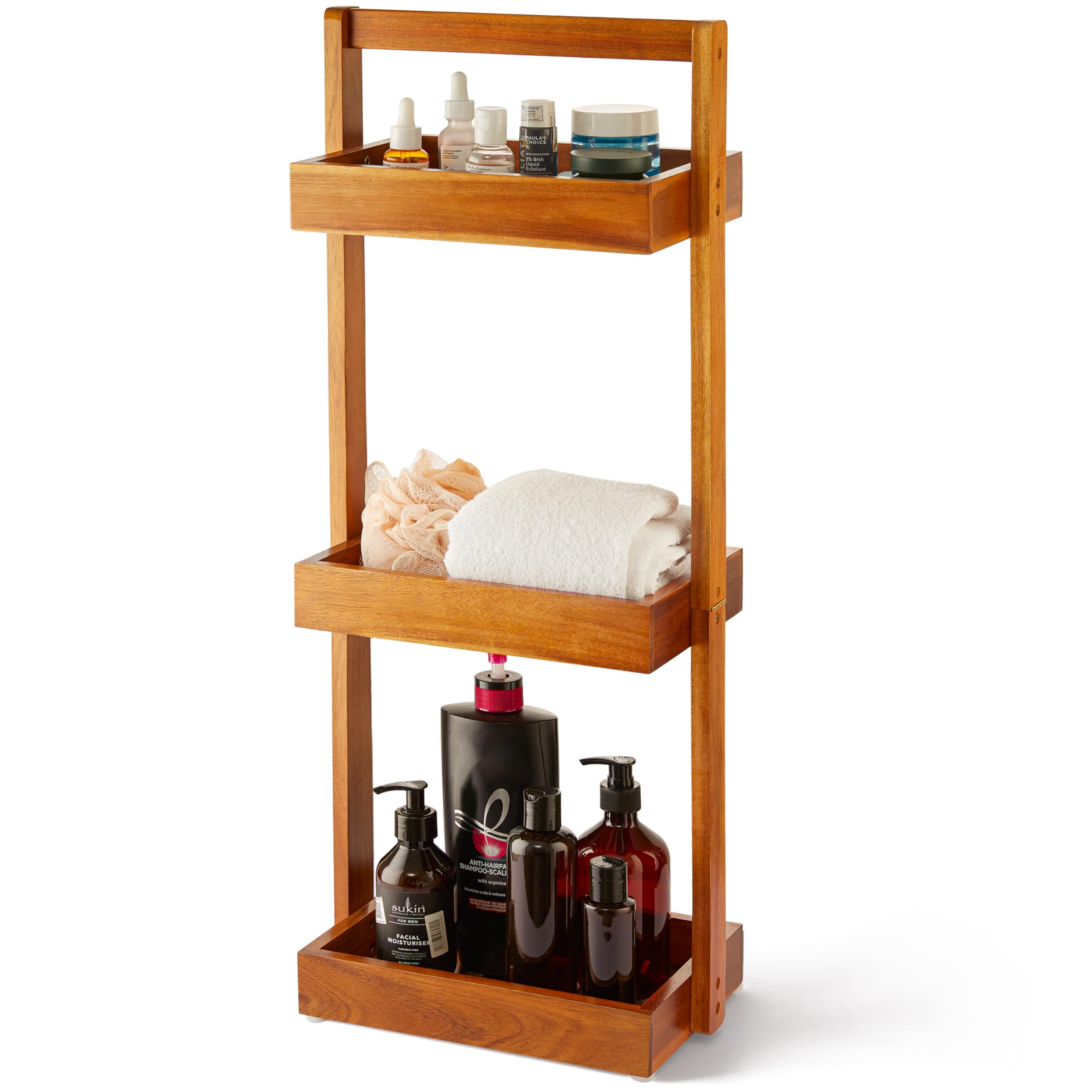 BLUEWEST Acacia Shower Caddy Corner, Standing Shower Organizer Shelf with Handle, 3 Tier Wood Bathroom Stand Up Caddy Basket for Shampoo, Rack for Inside Shower, Bath, Office, Kitchen Desktop
