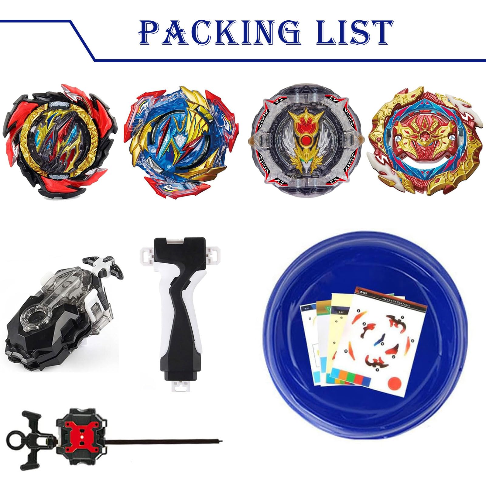 Desamvap Bey Brust Kampfkreisel Set, 4 Metal Battling Tops 2 L/R Two Way Starters mit Launcher Griff Combat Battling Tops Set with Arena Geschenk für Kinder