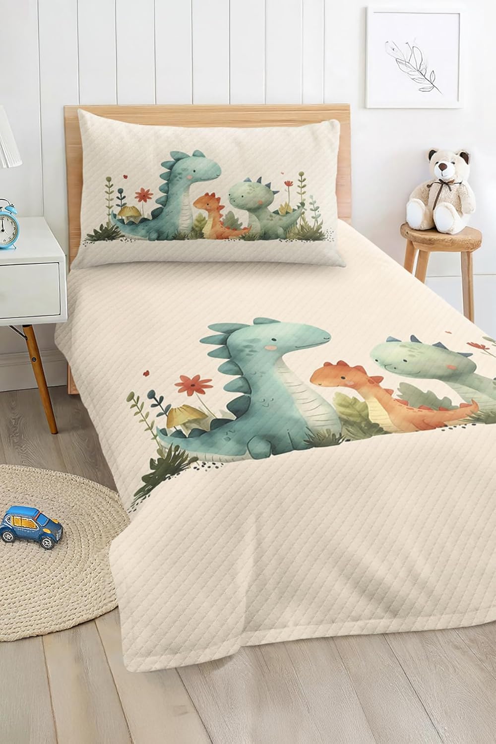 SODEF Bedding Set Kids Room Dinosaur Patterned Lightweight Quilt Set, Breathable Cotton Polyester Blend, Includes Quilt and Pillowcase, Twin Size - Multicolor, One Size