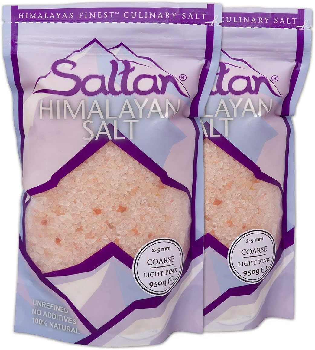 2 x 950g Bags Saltan Lighter Pink Himalayan Salt COARSE (2-5mm), Culinary Grade, Ideal for Cooking and Seasoning. New Easy Stand Bag!
