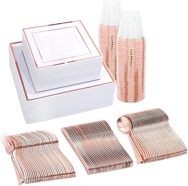 Square Rose Gold Dishes Plates Cups Cutlery for 25 on Special Occasions, 150 Pieces of Reusable Plastic Dinnerware for Dinners, Birthdays, Mothers Day, Parties, Weddings, Easter, Summer Celebrations
