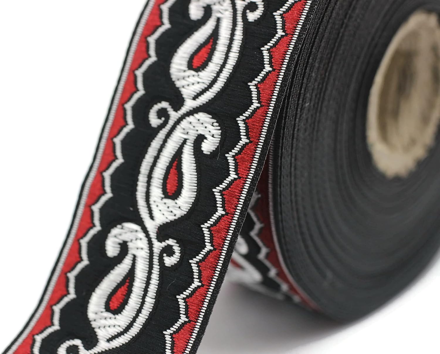 11 Yard Spool 1.37 inches Wide Red Black Dokkalfar Jacquard Ribbon Woven Embroidered Sewing Drapery Trim Decorative Fabric 35911