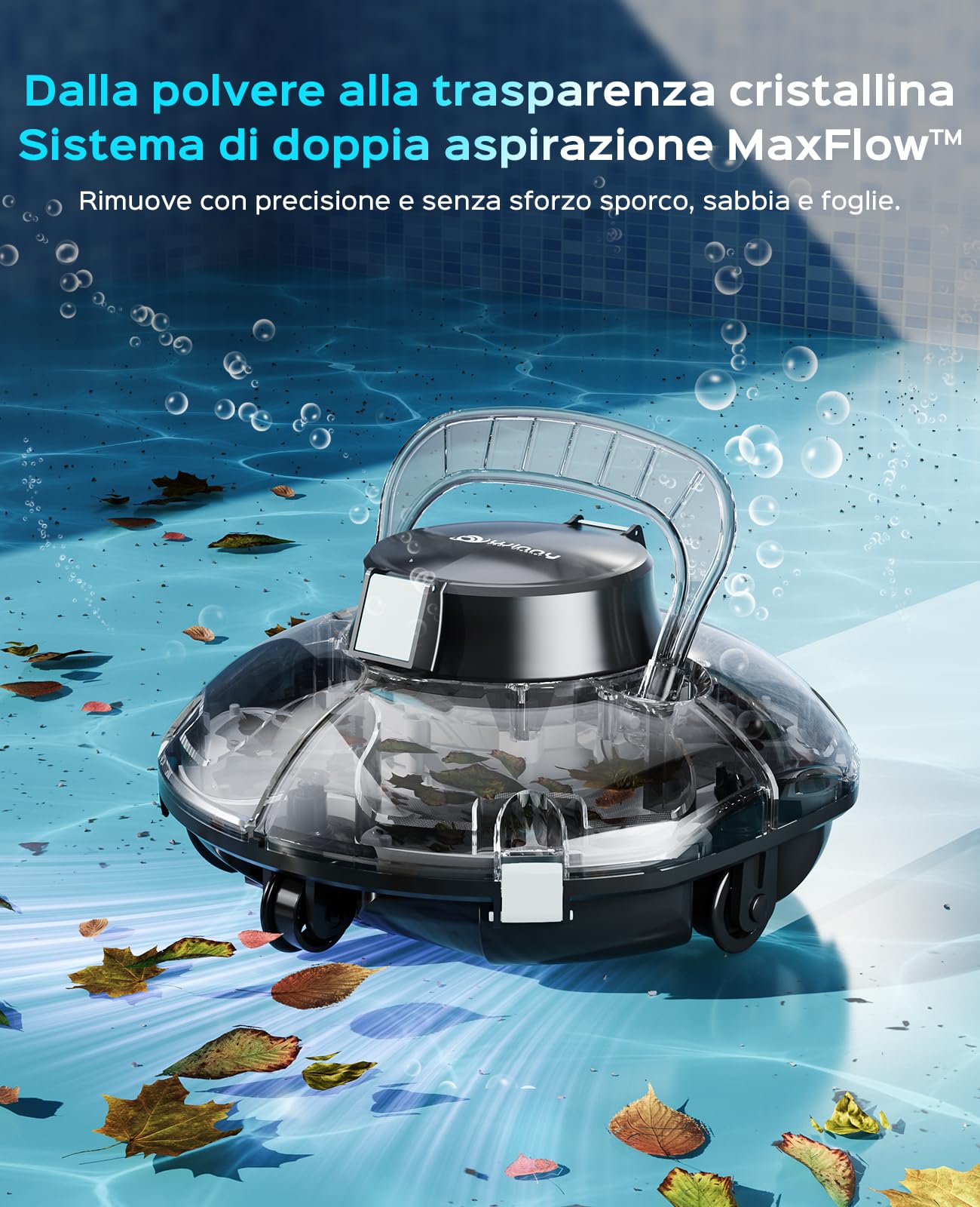 WINNY POOL CLEANER Winny 200 – Robot Piscina A Batteria, Doppia Filtrazione, Parcheggio AUT., Autonomia 80 Min, Piscine Fuori Terra Fino A 60 M², Compatto E Leggero(Nero Inchiostro-Bianco)