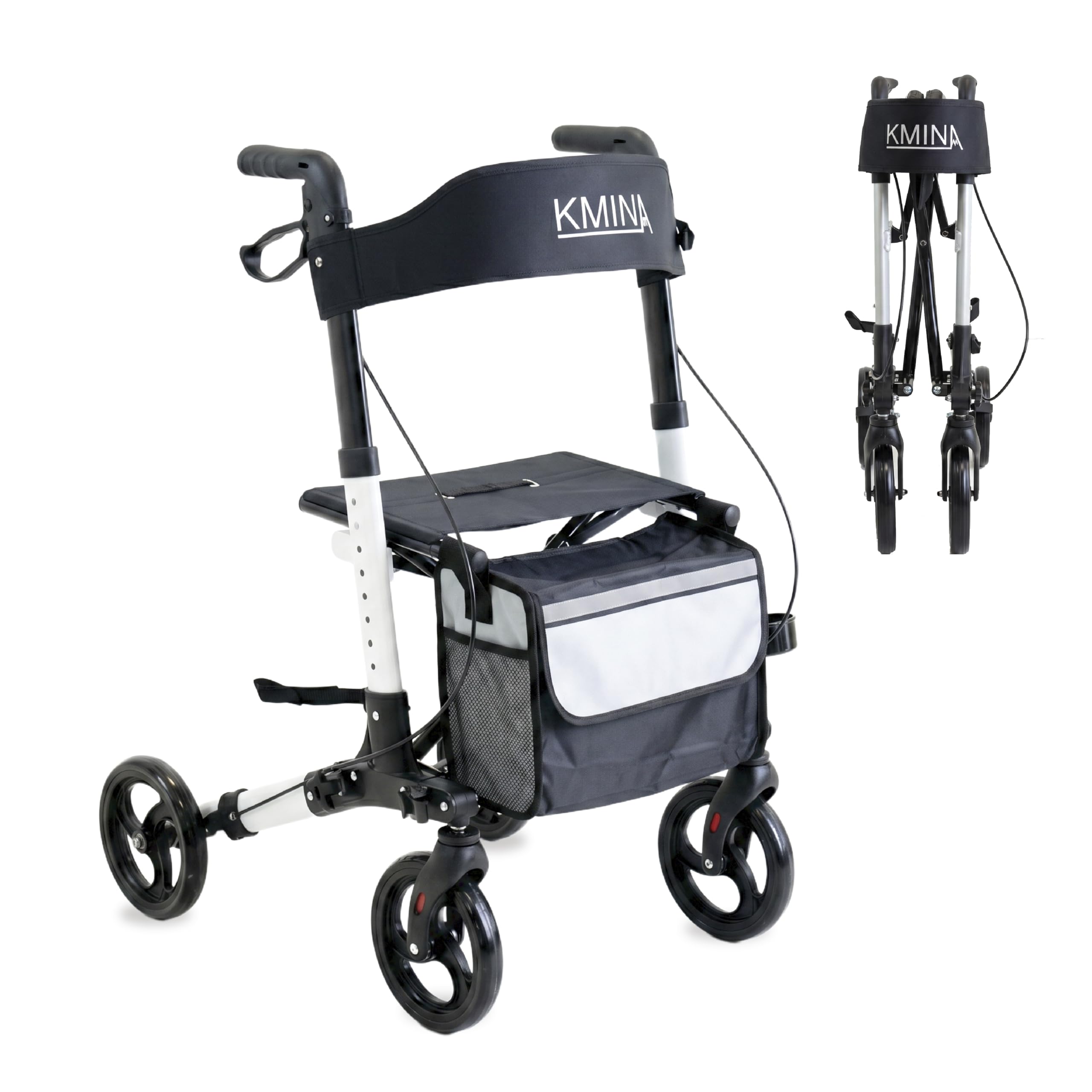 KMINA Deambulatore Pieghevole con Sedile per Adulti, Pieghevole Verticale, Altezza Regolabile, Freno a Levetta, Borsa e Porta Bastone, Bianco