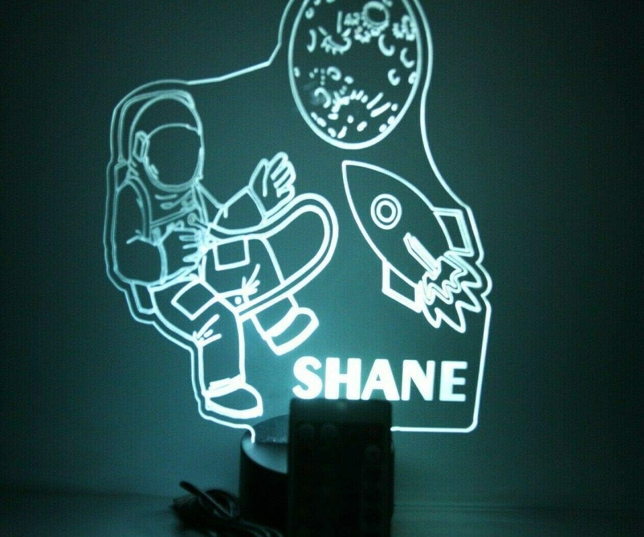 Outer Space Astronaut Rocket Ship Planet Travel Night Light Up LED Free Engraved Custom Name Personalized Table Lamp Room Decor With Remote, 16 Color Options, Dimmer, It's WOW, Great Gift