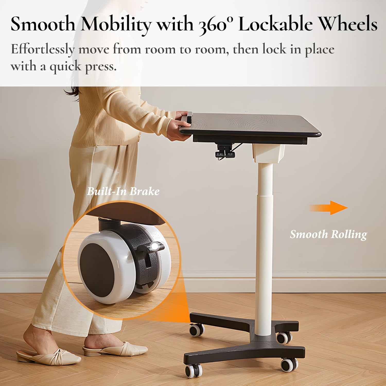 Adjustable Computer Desk, Solid Wood Folding Desk with Wheels, Mobile Home Office Laptop Table, Sit Stand Workstation, Rolling Desk, 28.35-42.52 H x 31.5 W x 19.69 D Inches, Black