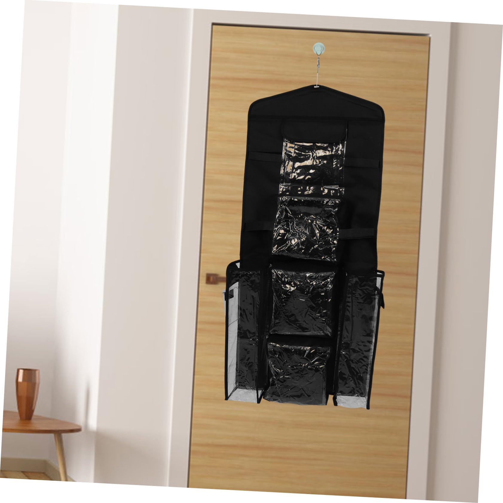 Amosfun Hängender Geschenkpapier Organizer für Tür Aufbewahrungstasche mit Fächern Polyester und Kunststoff Inklusive Haken Schwarz