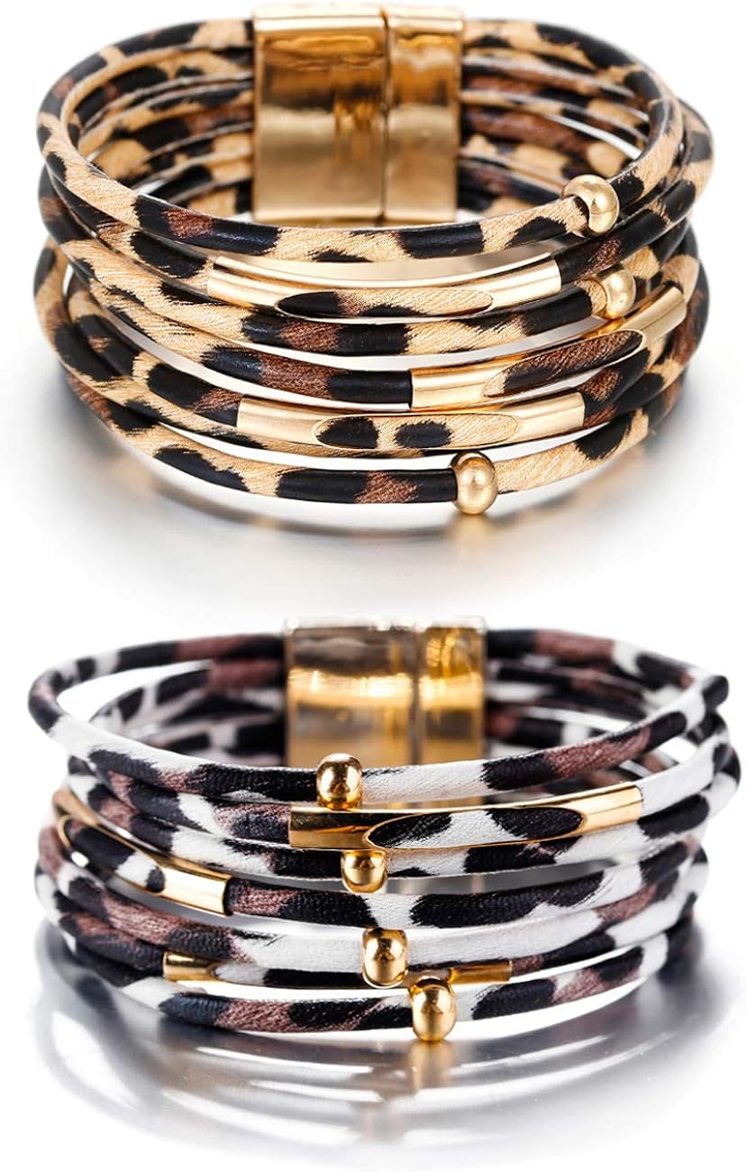 Fesciory Leopard Bracelet for Women Wrap Multi-Layer Leather Bracelet Magnetic Clasp Cuff Bangle Jewelry(Gray Leather(Pearl)): Clothing