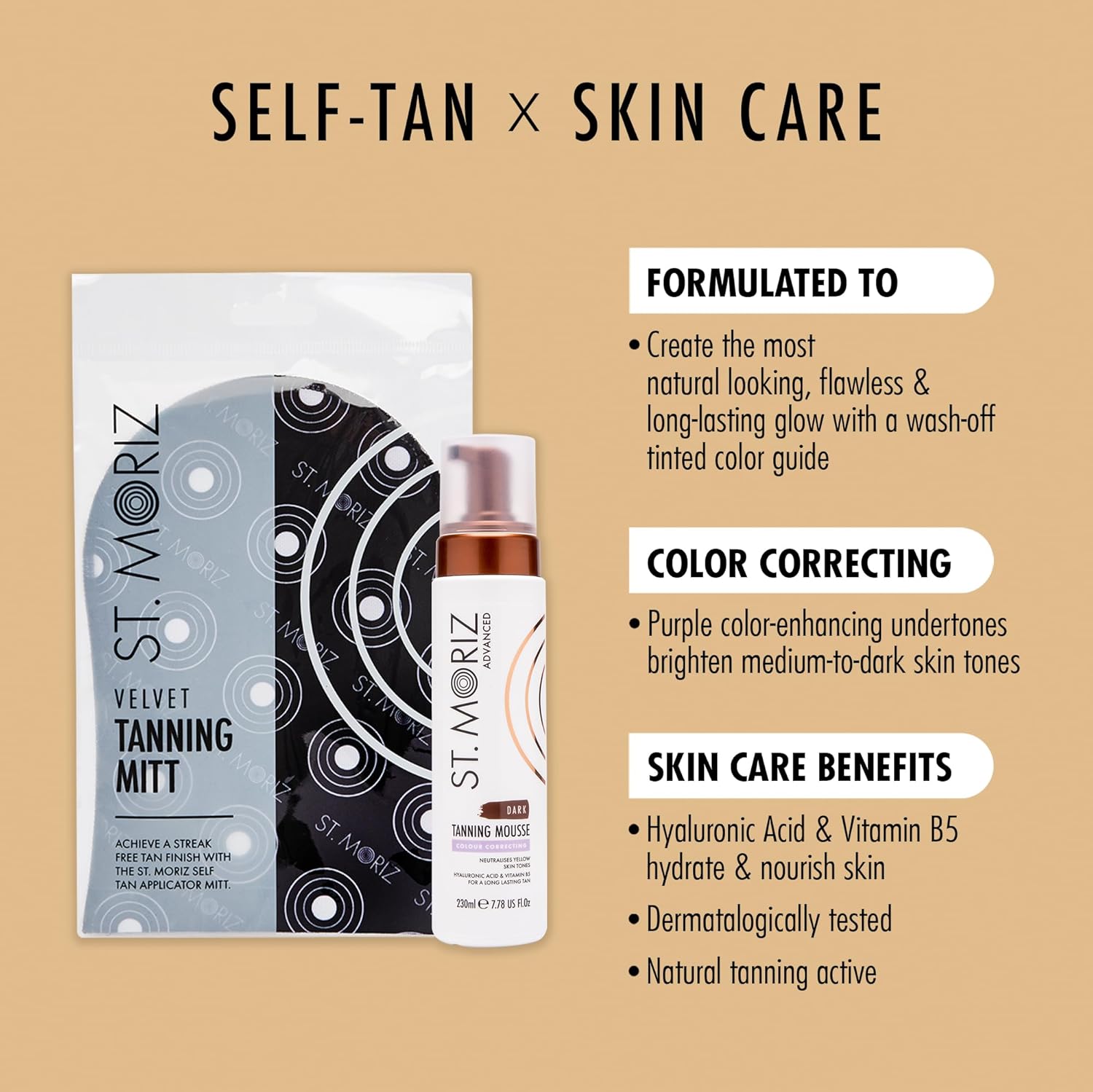 St Moriz Advanced Color Correcting Self Tanner Mousse in Dark with Tanning Mitt Bundle - Color Correcting Instant Self Tanning Foam for Face & Body with Hyaluronic Acid & Vitamin B5 (7.78 fl oz) - Image 2