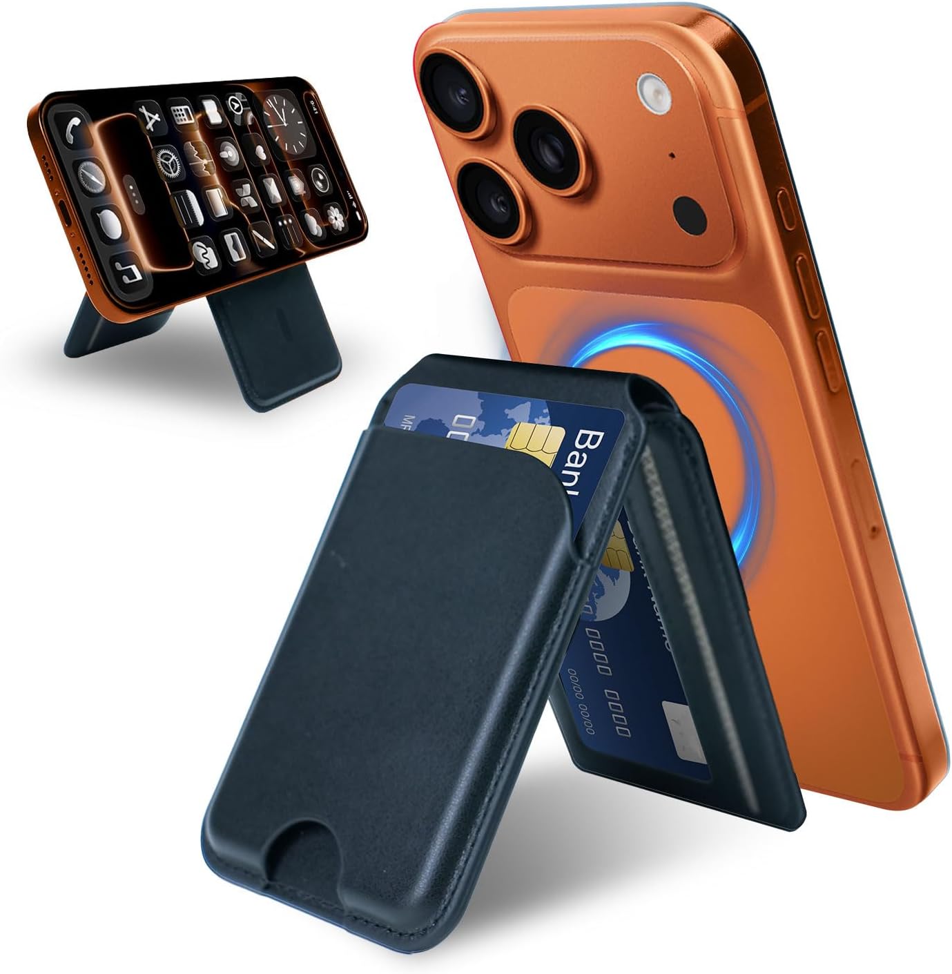 for MagSafe Wallet，Leather Magnetic Wallet for Phone with Adjustable Stand，5 Magnetic Credit Card Holder RFID Blocking for iPhone 17 16 15 14 13 12 Pro Max Air Series Cases (Black)