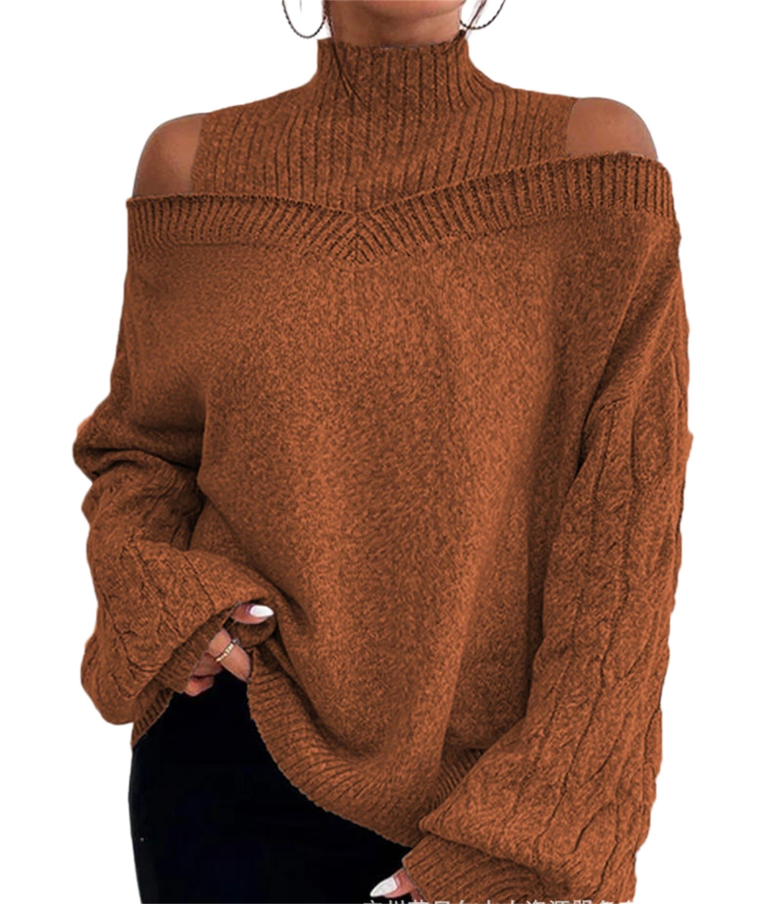 Maglione da donna a collo alto, con spalle scoperte, lavorato a maglia, a