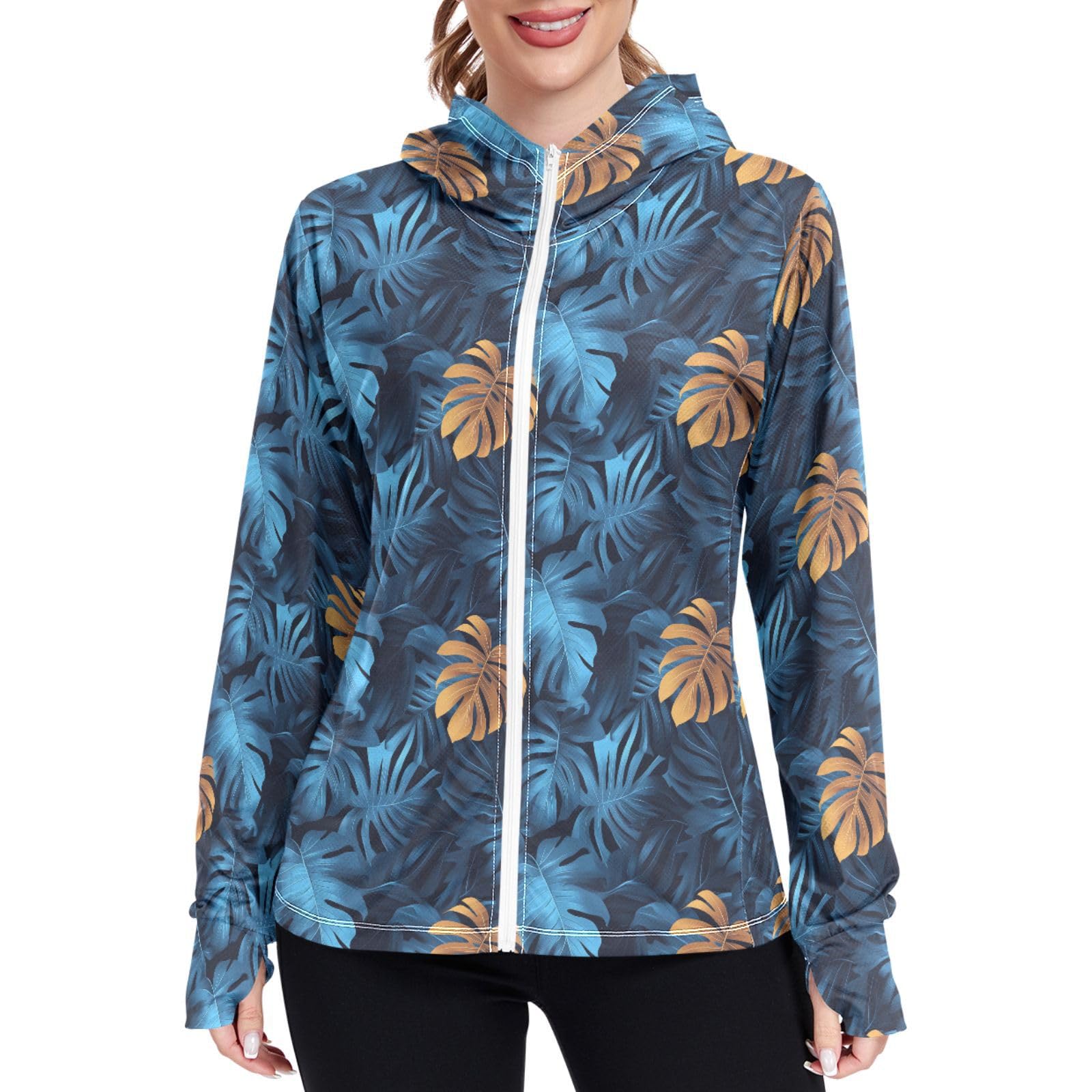 Tropical Monstera Sun Protection Hoodie Jacket for Women Lightweight Womens Zip Up Jackets UPF 50+