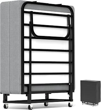 Rollaway Bed with Mattress for Adults, Folding Portable Guest Bed with Wheels, Foldable Metal Frame, Space-Saving Design, Easy Storage, No Assembly,Memory Foam Mattress