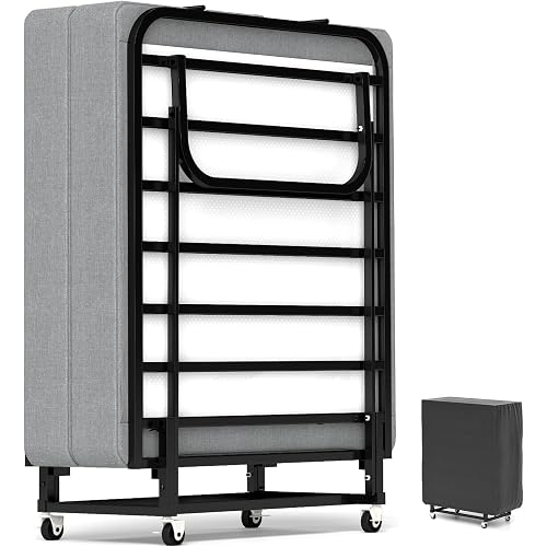 Fabulis Rollaway Bed with Mattress for Adults, Folding Portable Guest Bed with Wheels, Foldable Metal Frame, Space-Saving Design, Easy Storage, No Assembly