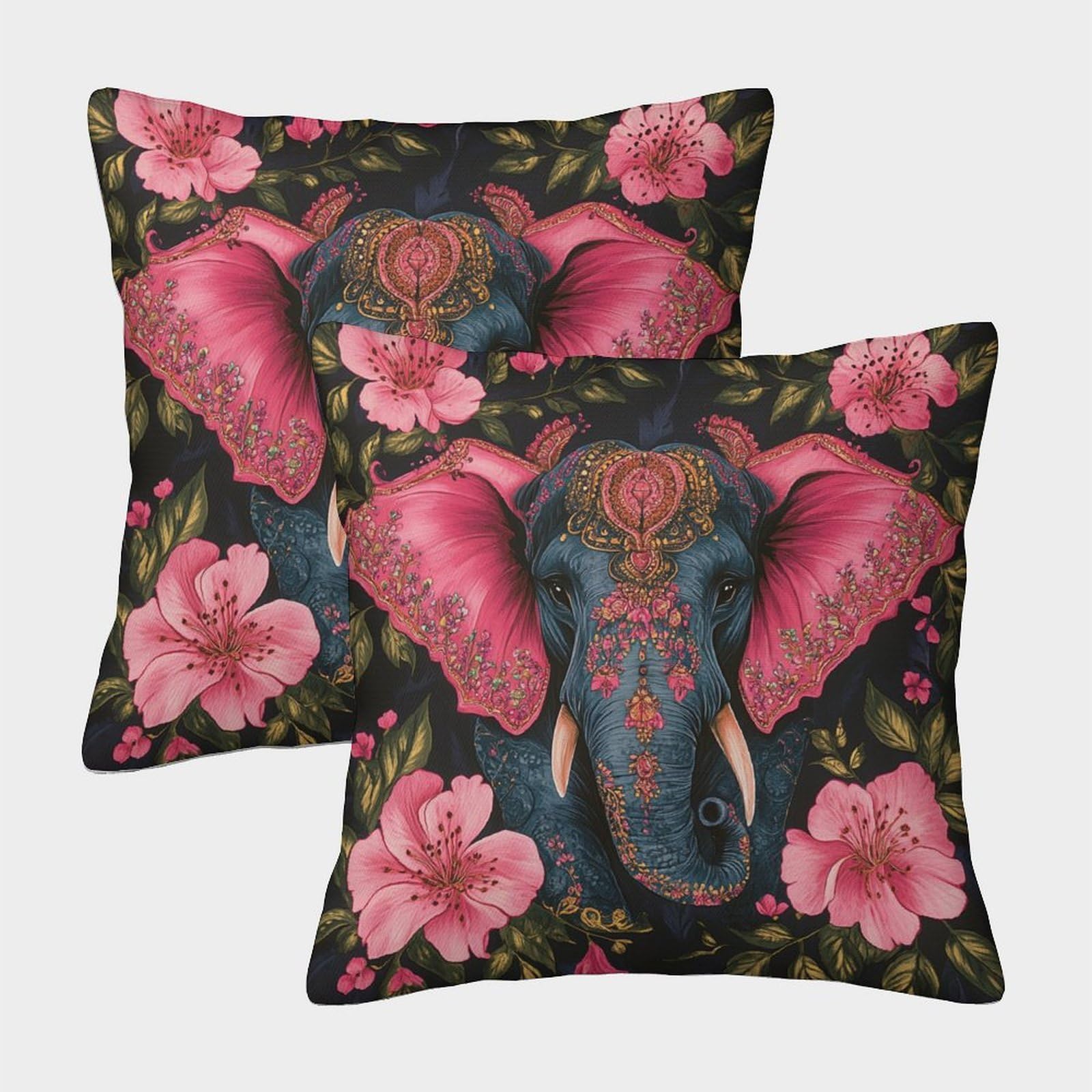 kaiyun 2 Pack Elephant, Green Leaves And Pink Flowers,Indian Style 3D Image Printed Single-sided Cushion Cover 50x50cm