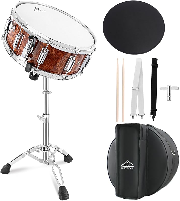 EASTROCK Snare Drum Set 14X5.5 Inches with stand for Student-Tiger Stripes | Beginner Snare Drums Kit with Gig Bag, Drumsticks, Stand, Drum Keys Coated Material Drum Head, 10-Lug Stable Tuning System