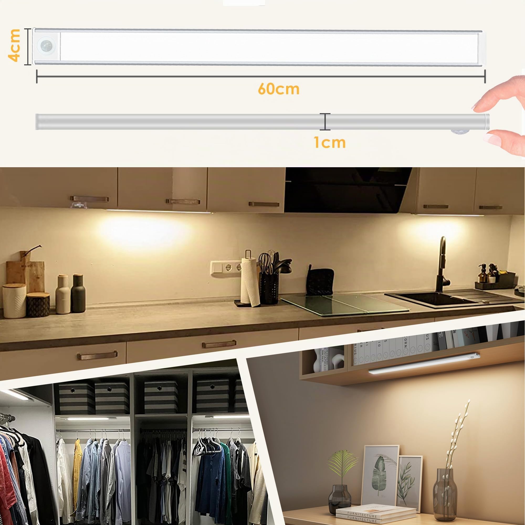 2erSet 60CM LED dimmbare Unterbauleuchte Küche Lampe 4400mAh | aufladbar Schrankbeleuchtung mit Bewegungsmelder 3 Lichtwärme magnetische Lichtleiste für Küchenschrank Kleiderschrank Bad