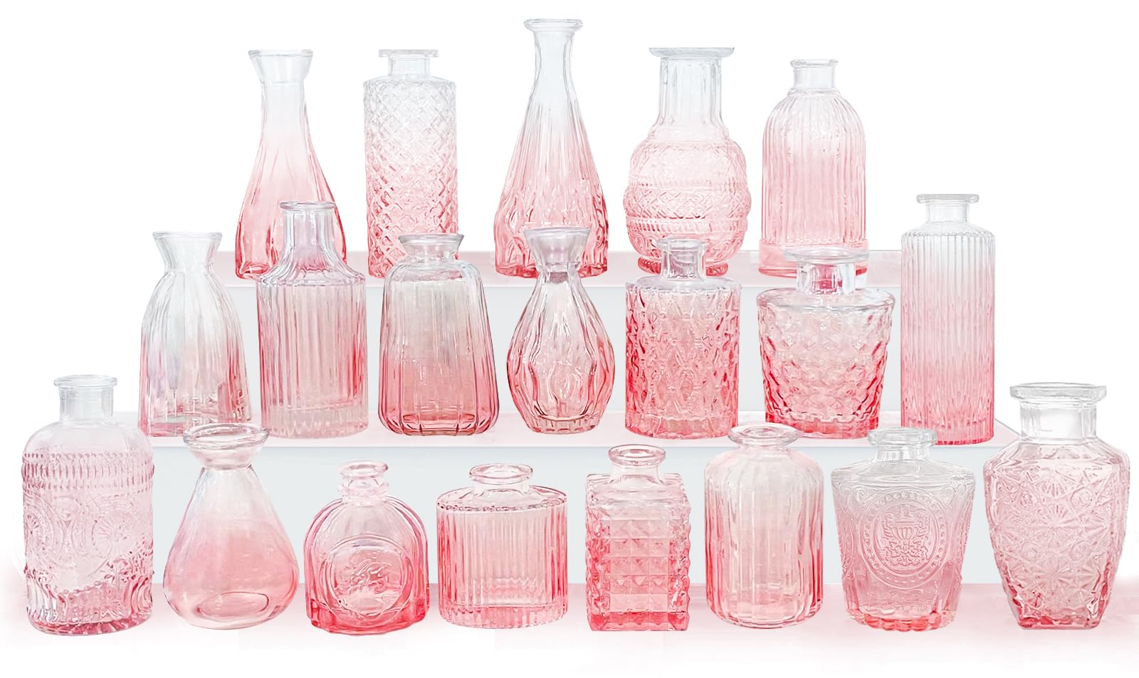 Pink Glass Bud Vases Set of 20 - Mini Vintage Vases for Wedding Decorations, Home Table Flower Décor, Small Carved Glass Vases for Centerpieces