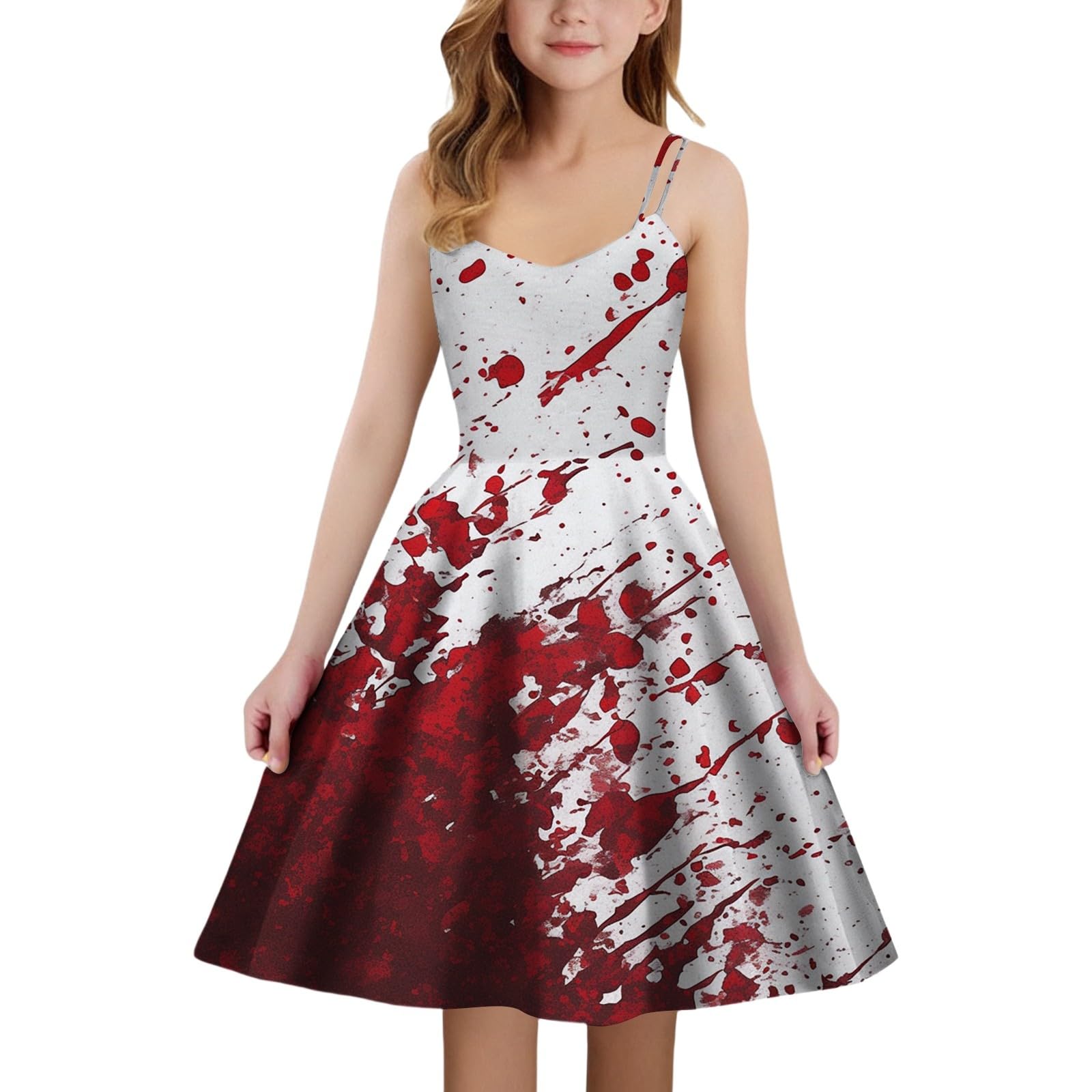 Halloween Costumes for Girls Gothic Halloween Dress for Girls with Spaghetti Straps and Medieval Blood Splatter Print Party Dress Horror Theme Party Role‑Play Outfit (White #4, 5-6 Years) — image 1