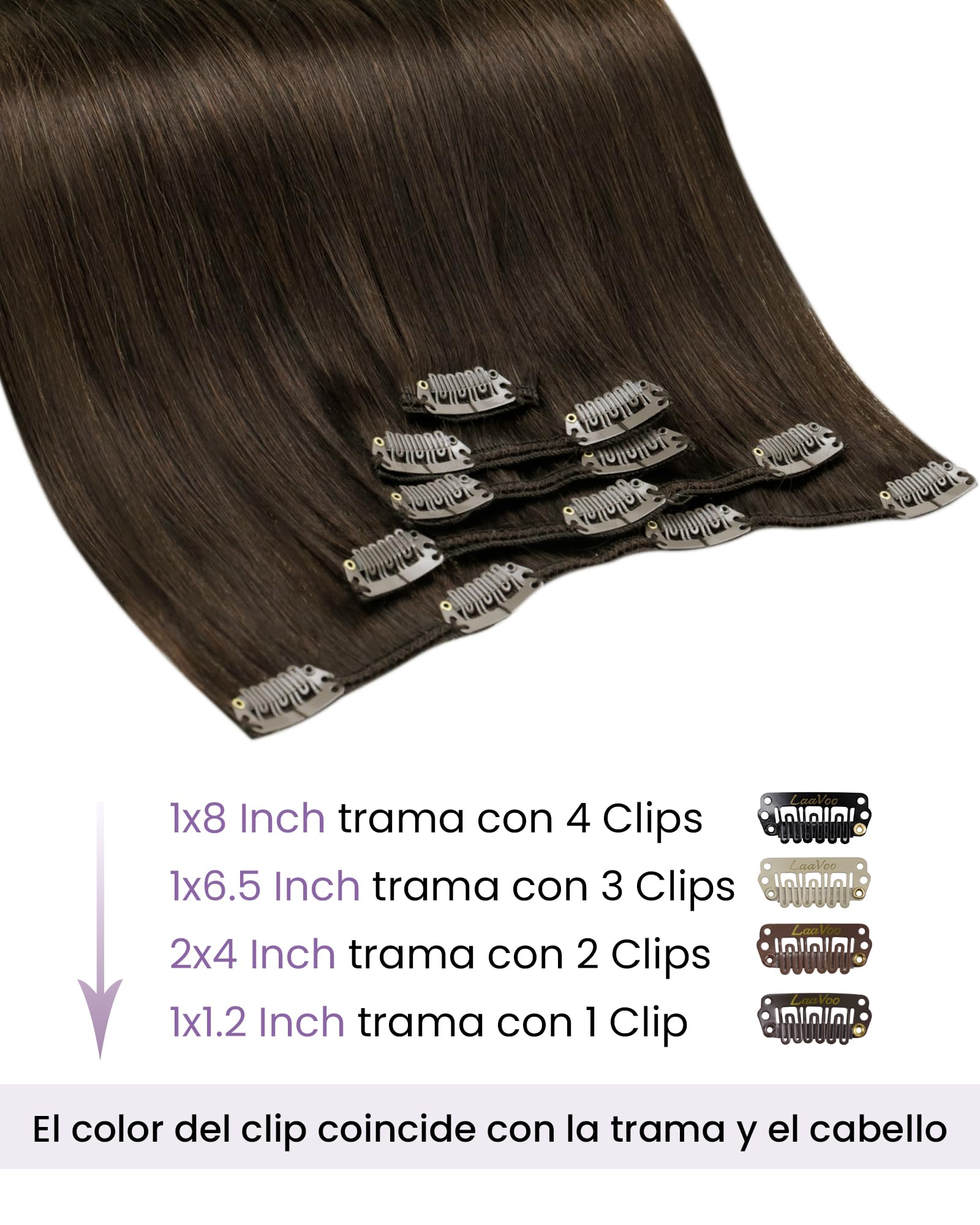 LaaVoo Extensiones de Clip de Pelo Natural Brown Oscuro 45cm 70g 5Piezas Extensiones Pelo Natural Humano Clip Cabello Recta Marron Recta Remy #4