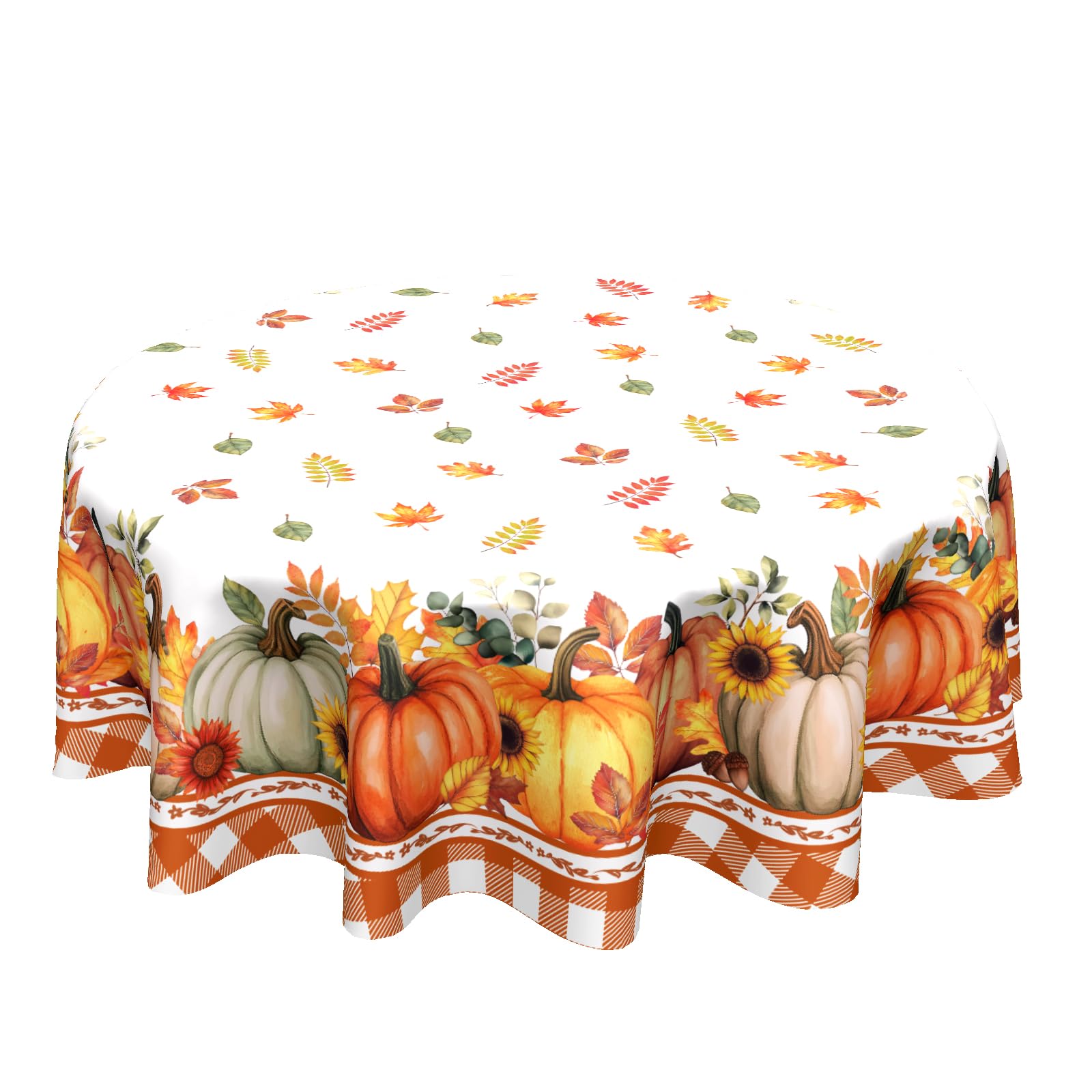 Kawani Fall Round Tablecloth 60 Inch Autumn Harvest Pumpkin Tablecloth Round Farmhouse Rustic Orange Maple Leaf Table Cover Thanksgiving Print Decorative Table Cloth for Home Kitchen Dining Party