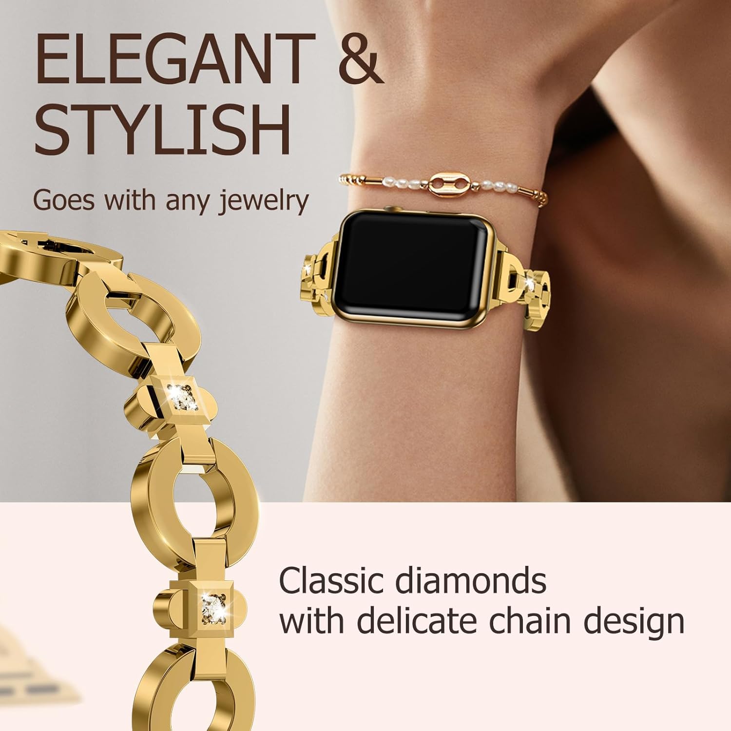 TAURI Metal Band for Apple Watch Bands 38/40/41/42mm, Adjustable Bling Diamonds Strap Fashion Cute Chain Thin Bracelet for iWatch SE 3/2, Series 9/8/7/6/5/4/3/2/1, Women- Gold - Image 4
