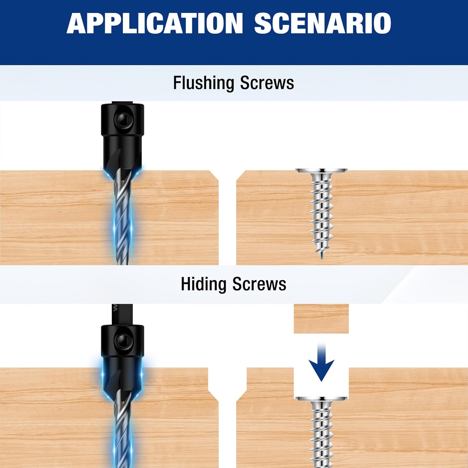 WORKPRO 5-Pack Countersink Drill Bit Set, #4, #6, #8, #10,#12, M2 HSS, 4-Flute Design, Adjustable with Included Hex Key, Ideal for Woodworking & Metal Drilling