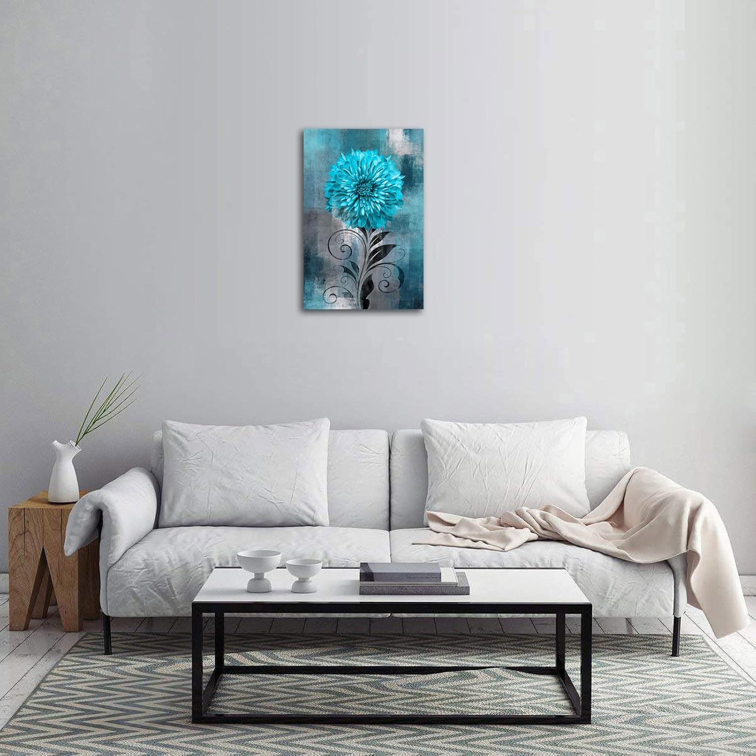 Abstract Flower Wall Art Teal Flowers Canvas Pictures Rustic Blossom Canvas Painting for Living Room Bedroom Wall Decor Modern Teal Grey Canvas Prints Contemporary Botanical Wall Art 16" x 24"