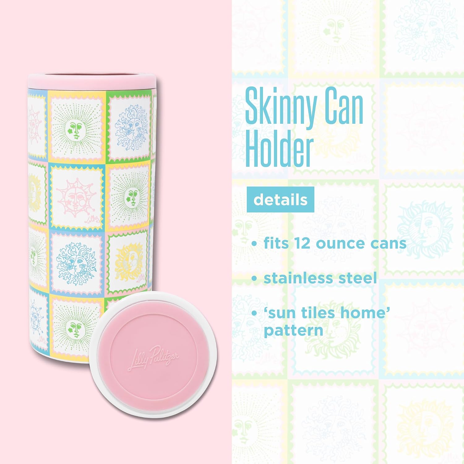 Lilly Pulitzer Insulated Skinny Can Holder, Cute Stainless Steel Can Cooler for the Beach or Pool, Sun Tiles Home