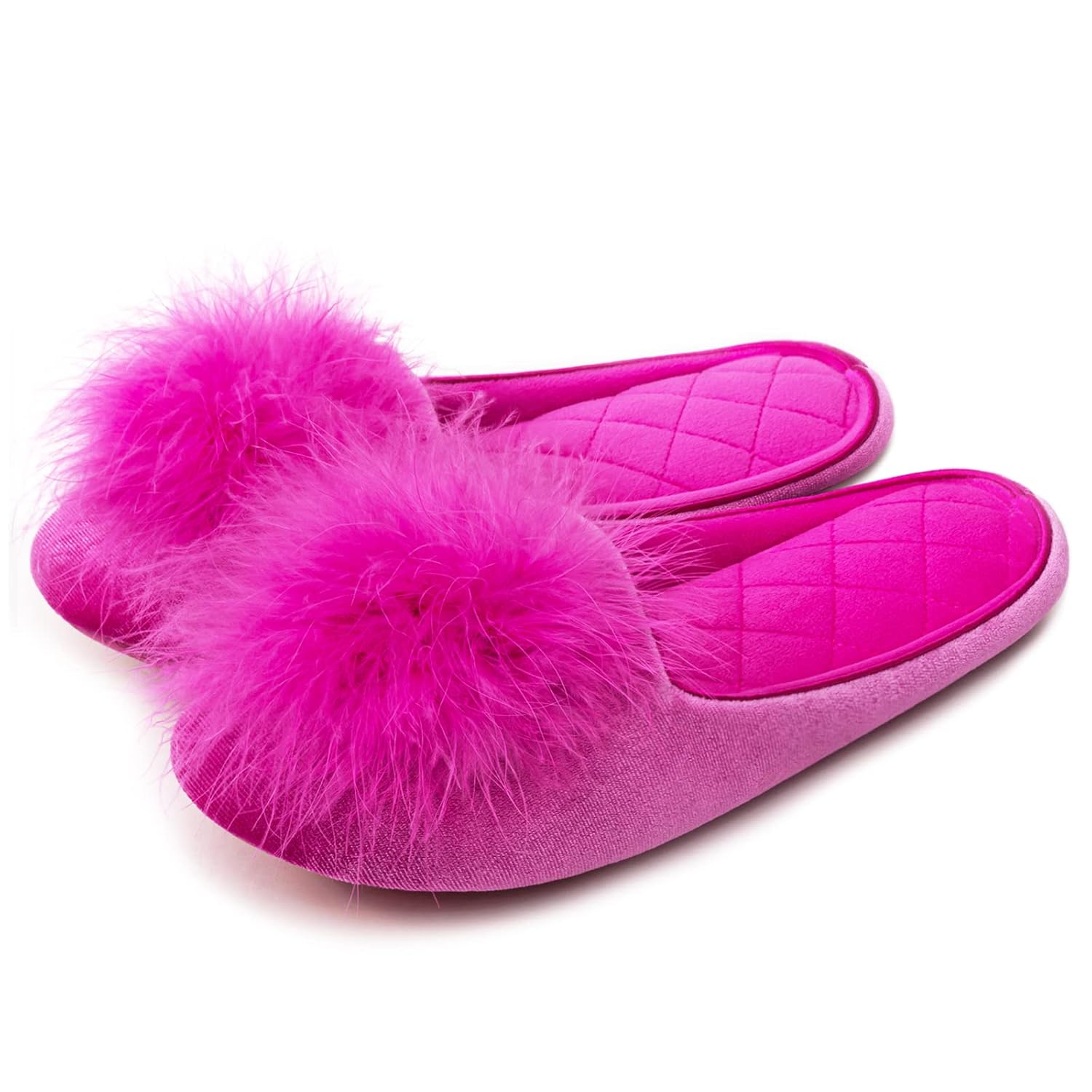GRITHEIM Womens Fuzzy Pom Pom Velvet Memory Foam House Slippers Ladies Cozy Chenille Knit Bedroom Slippers Non-slip Sole