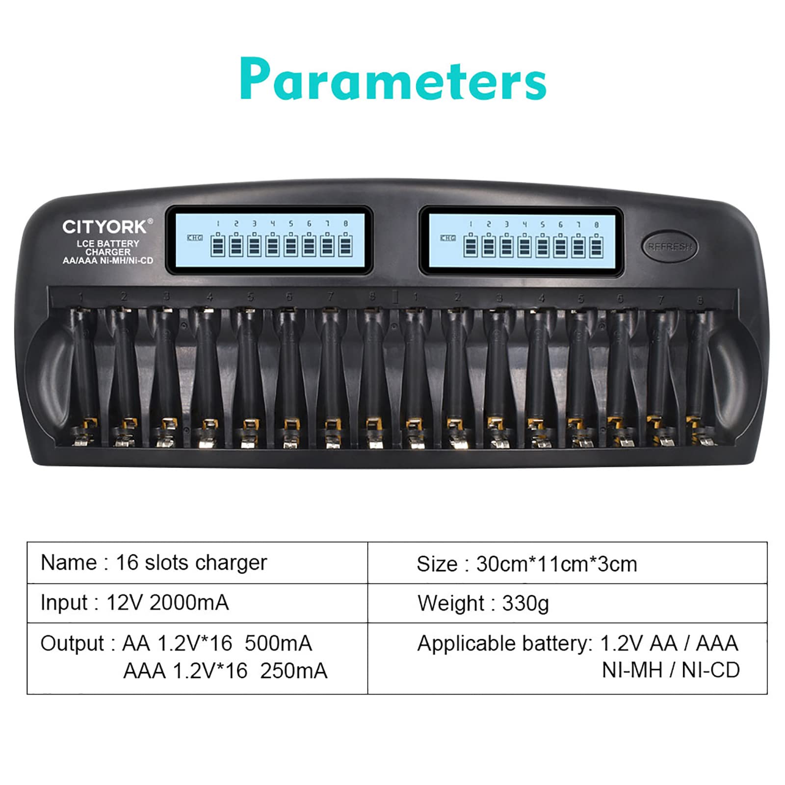 CITYORK Chargeur de batterie intelligent AA/AAA à 16 emplacements, protection IC intégrée pour piles rechargeables AA/AAA NiMH/NiCd avec fonction de décharge et écran LCD