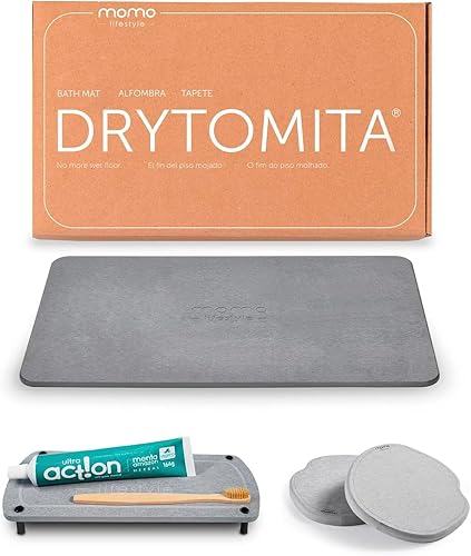 Momo Lifestyle Tapete de baño de piedra de 23.6 x 15.4 pulgadas, gris grafito + organizador de fregadero de piedra + 2 posavasos de piedra