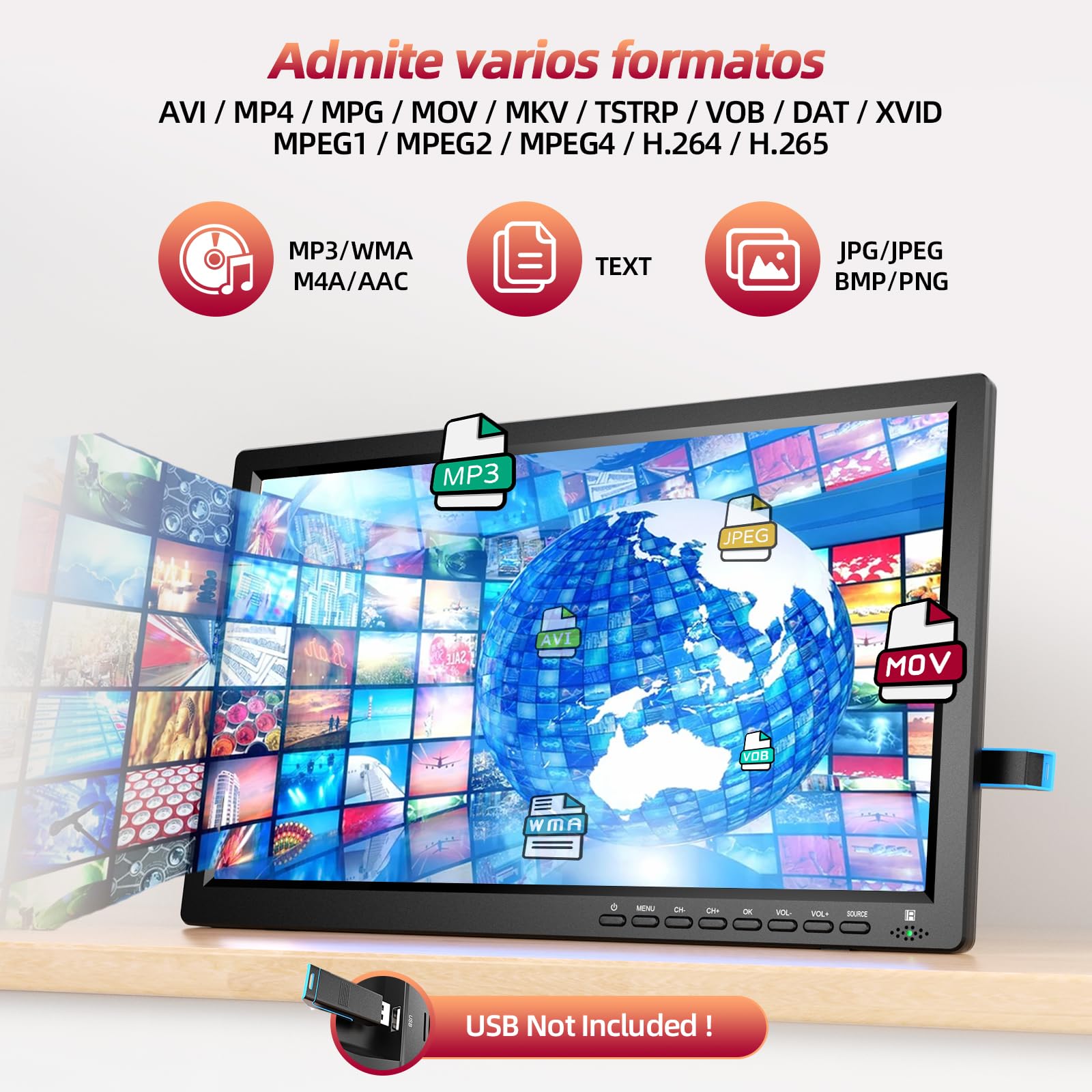 Desobry TV portátil de 15,6 pulgadas1080P Digital DVB-T2, Mini televisión con batería Recargable Que admite Entrada USB HDMI AV, TV de 12v con Cargador para Coche y Mando a Distancia y Antena