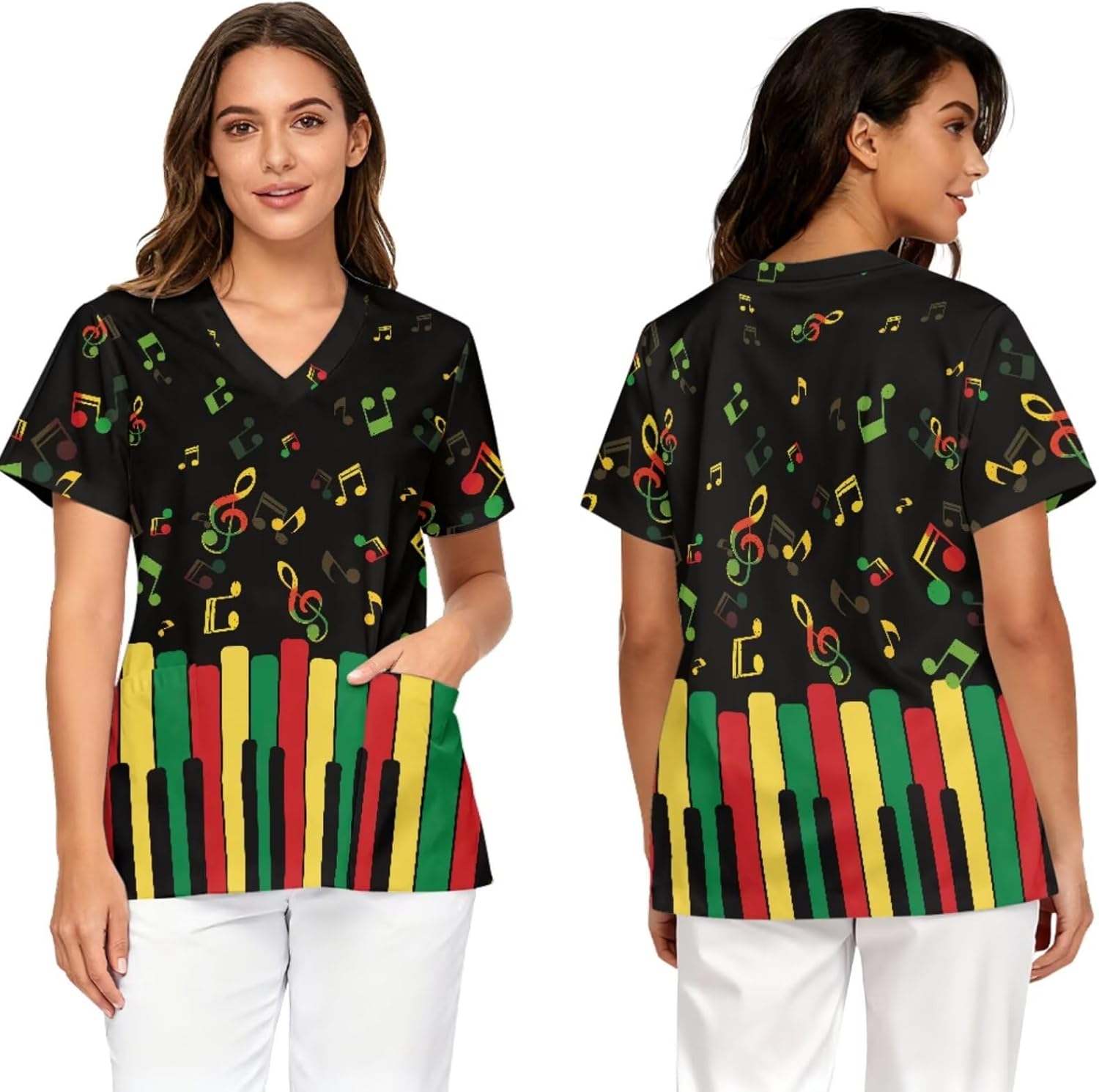 Women's 3Pcs Scrubs Set with Work Cap Print Medical Uniform V Neck Top and Straight Jogger Pants with Six Pockets
