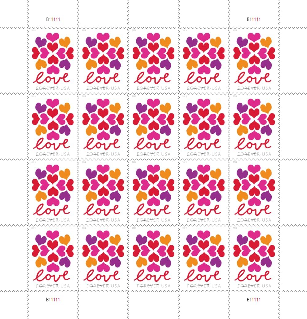 Hearts Blossom Love US Forever Stamps Wedding, Celebration, Graduation (5 Sheets, 100 Stamps)
