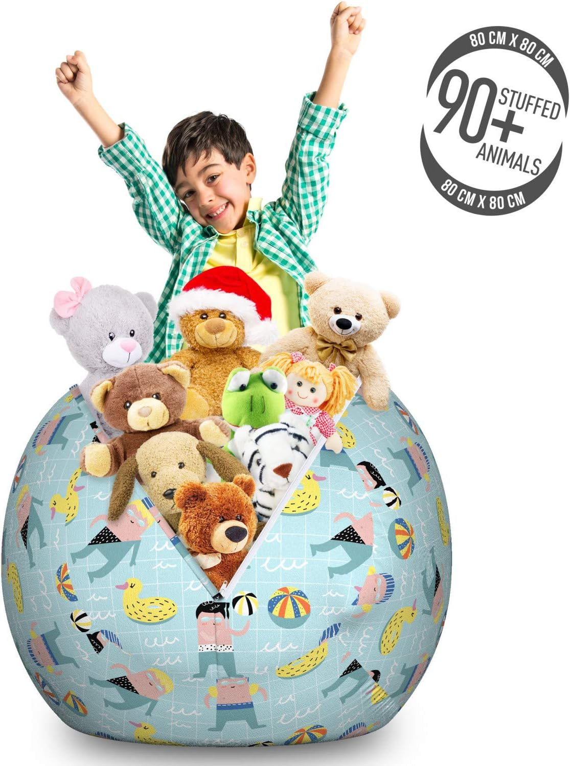 Ambesonne Summer Storage Toy Bag Chair, Young Boys Swimming in The Pool with Balls and Duck Floats Drawn by Hand, Stuffed Animal Organizer Washable Bag, Large Size, Pale Teal Multicolor