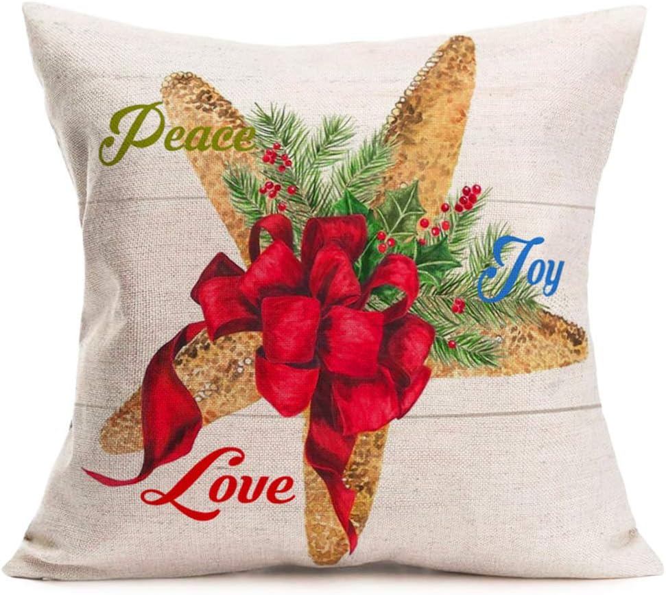 Xihomeli Merry Christmas Throw Pillow Covers Coastal Starfish Seashell Conch Decorative Marine Life Pillow Cover Cotton Linen Xmas Mistletoe Pillow Cases for Home Sofa 18x18 Inch Set of 4(Marine Set)