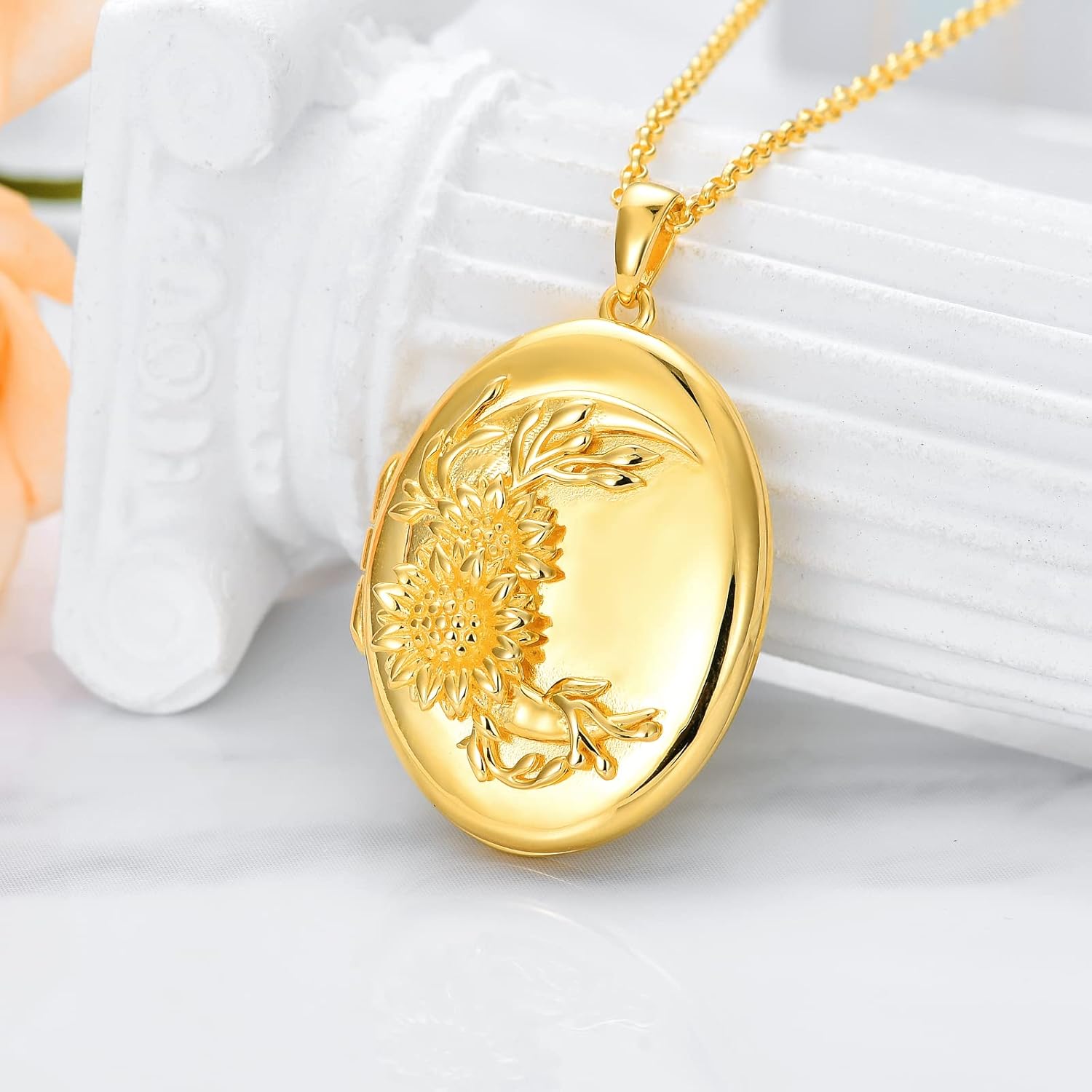 SOULMEET 10K 14K 18K Solid Gold/Plated Gold Oval Locket That Holds Multi Pictures Personalized Oval Sunflower/Starburst/Rose Locket Necklace Gift - Image 2