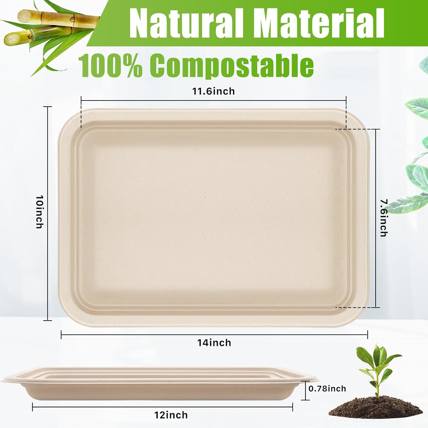 Disposable Food Trays,50 Pack 14 Inch Heavy Duty Disposable Trays,Extra Large Food Serving Trays,Compostable Paper Plates,Biodegradable Sugarcane Platters for Party BBQ Seafood Picnic