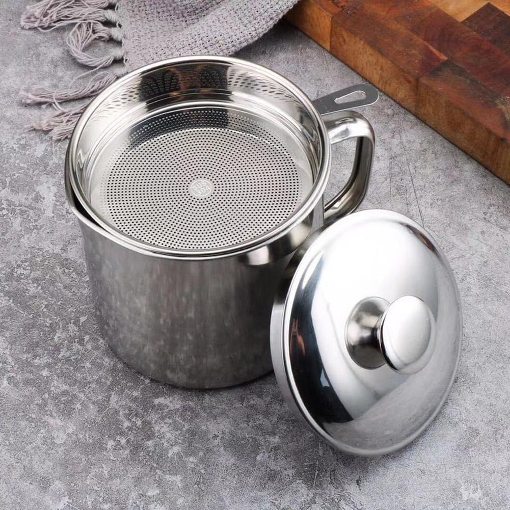 GSHLLO 1.3L Cooking Oil Strainer Container Bacon Grease Saver Container Grease Fat Filter Container Stainless Steel Oil Keeper Used Oil Storage Container with Lid for Kitchen