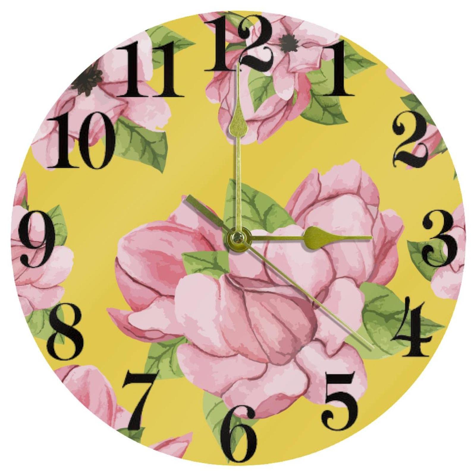 Horloge murale sans tic-tac fleur de magnolia de 25,4 cm ronde anti-bruit