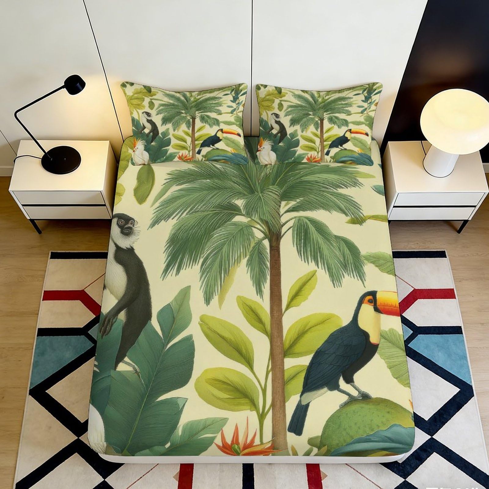 3D Printed Jungle Palm Fitted Sheet Microfiber Soft Breathable Tropical Animal Mattress Cover for Bedroom Decor 160x200x25cm