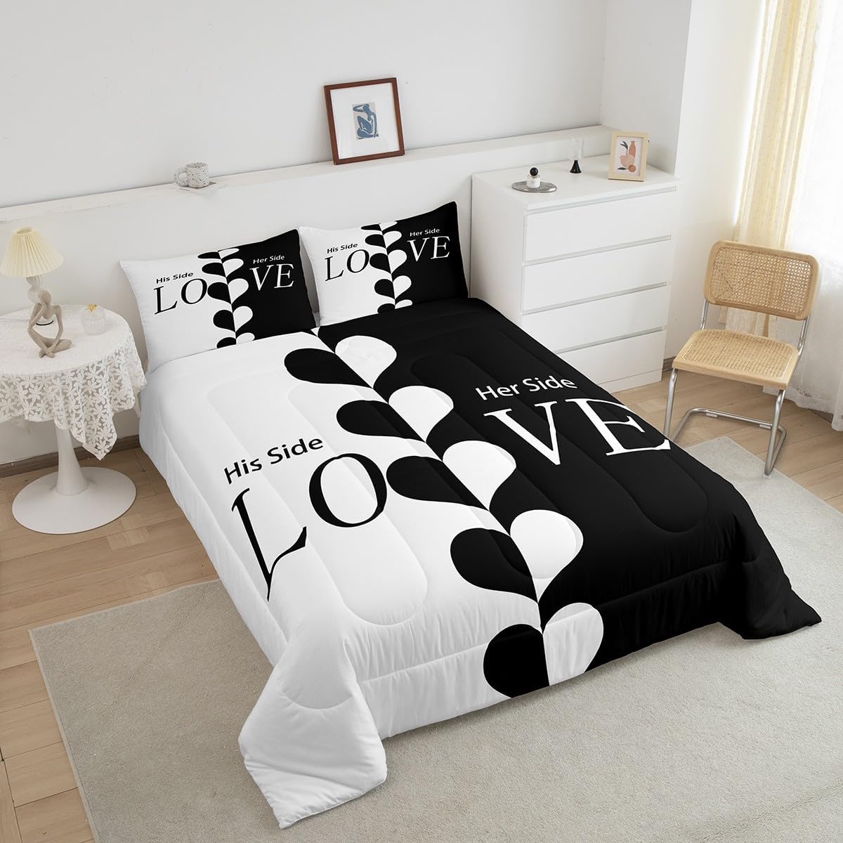 Couple Comforter Set, His Side Her Side Bedding Set Love Romantic Quilted Comforter for Teens Adult Women, Black White All Season Down Comforter for Bedroom 3 Pieces with 2 Pillow Cases, Full Size