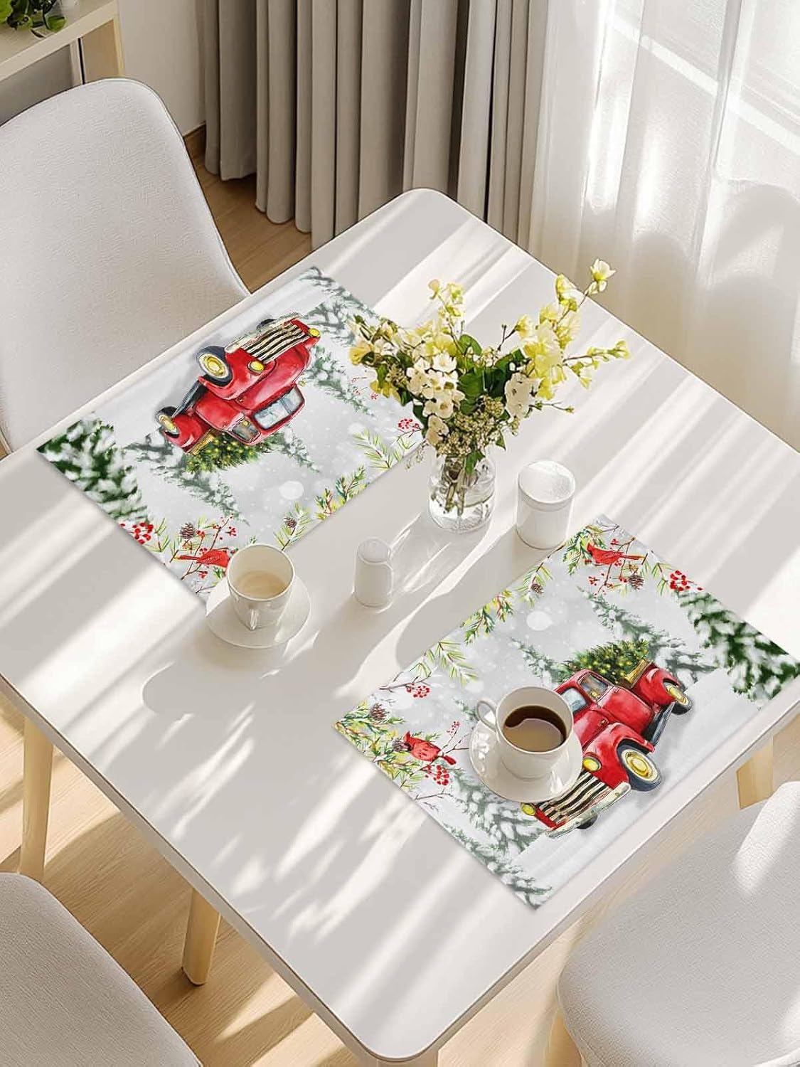 Christmas Truck Placemat Set of 6, Vintage Red Truck Cardinalis Snow Forest Landscape Frosty Tree Table Place Mats Non-Slip Heat-Insulated Washable Cotton Linen Placemats for Christmas Holiday Party